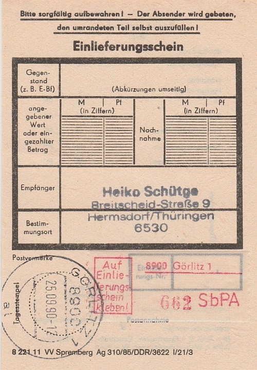 zugehöriger Einlieferungsschein